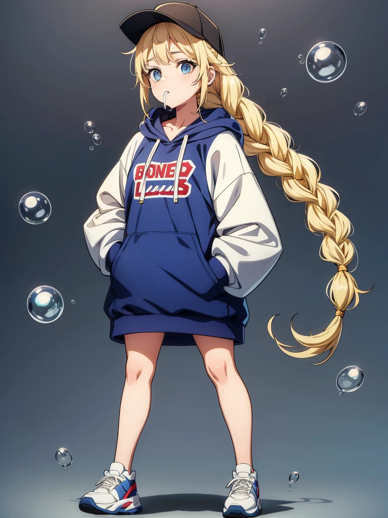 sexy womanis wearing a hooded sweater standing with one foot on a step, 1girl, solo, chewing gum, blonde hair, blue eyes, hat, hand in pocket, braid, bubble blowing, white background, full body, long hair, multicolored clothes, simple background, shoes, looking at viewer, baseball cap, twin braids,Eiko Tsukimi, blue eyes, braid, twin braid, (((blonde hair))), long hair, baseball cap
