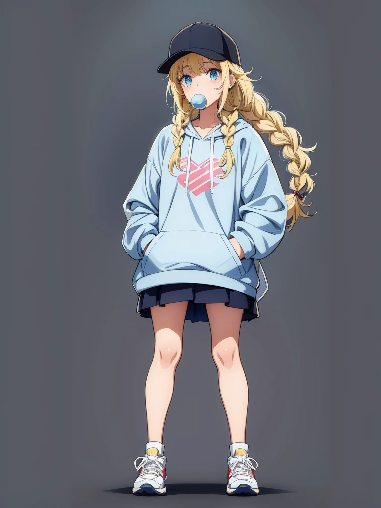 sexy womanis wearing a hooded sweater standing with one foot on a step, 1girl, solo, chewing gum, blonde hair, blue eyes, hat, hand in pocket, braid, bubble blowing, white background, full body, long hair, multicolored clothes, simple background, shoes, looking at viewer, baseball cap, twin braids,Eiko Tsukimi, blue eyes, braid, twin braid, (((blonde hair))), long hair, baseball cap 