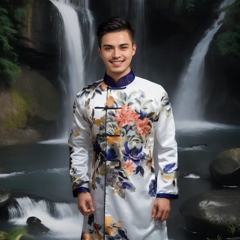 Haraf man, a Southeast Asian man with a round face., Mohawk hair, The face is bright and shiny., Double eyelids, Big eyes, black eyes, has exceptionally black hair, pitch black, In the background is a large waterfall., The evening sun shines beautifully.,  David Marquez, Andrew Gonzalez, A thin man with light tan skin., inspired By Robbie Trevino, Headshot profile picture, inspired By Adam Dario Kiel, Christian Orrillo, Daniel Mirante, By Adam Dario Kiel, By Robbie Trevino, Rick Dai, Joel Torres, with mountains as the background