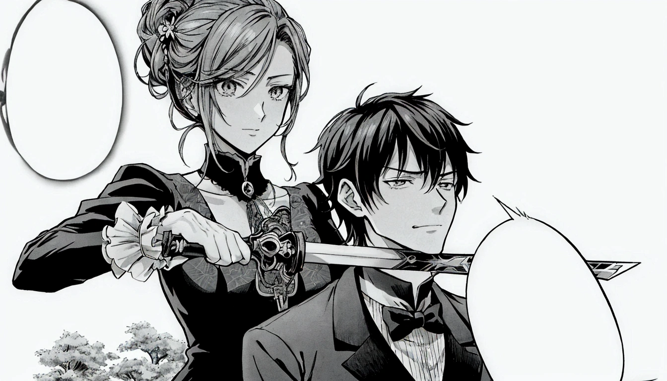anime image of a man and woman in formal attire holding swords, black and white manga comic, by Eizan Kikukawa, both wearing victorian clothes, black and white manga, black and white manga style, black and white manga page, castle scene manga, black and white manga panel, anime key visual of elegant, award winning manga style, manga scans