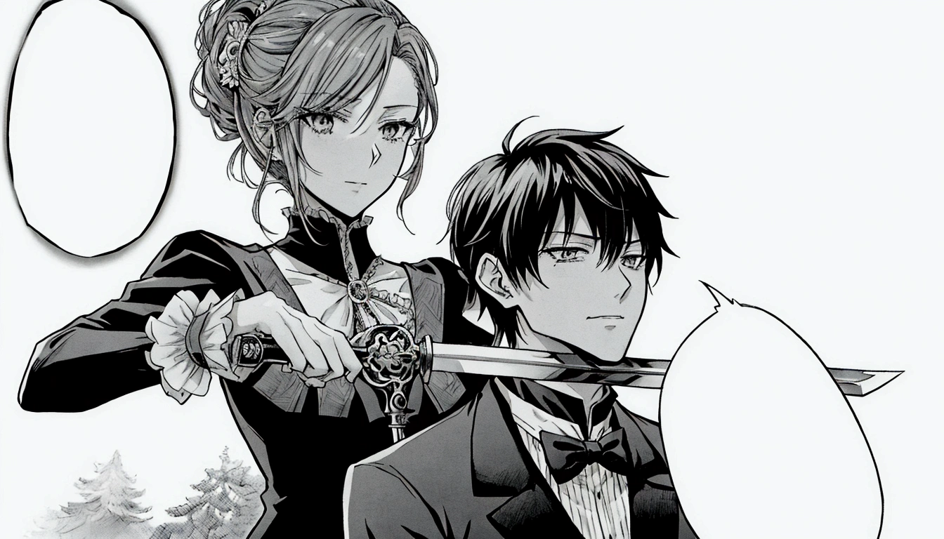 anime image of a man and woman in formal attire holding swords, black and white manga comic, by Eizan Kikukawa, both wearing victorian clothes, black and white manga, black and white manga style, black and white manga page, castle scene manga, black and white manga panel, anime key visual of elegant, award winning manga style, manga scans