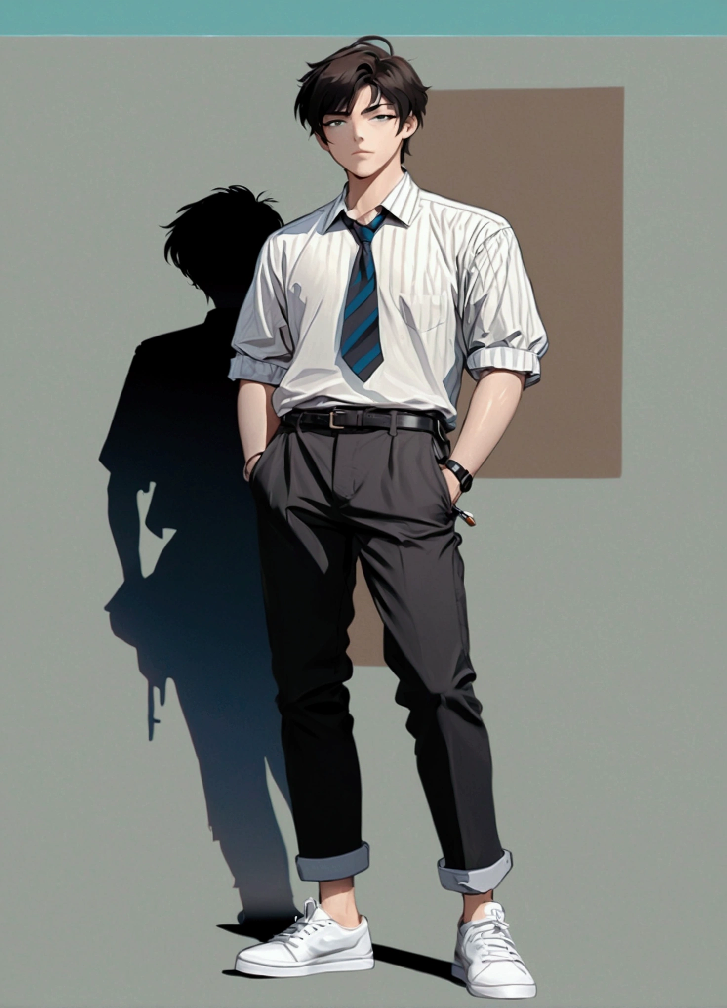 Full body cartoon image of a man standing wearing a white shirt and black pants, Handsome, Animated full body illustration,full body character,