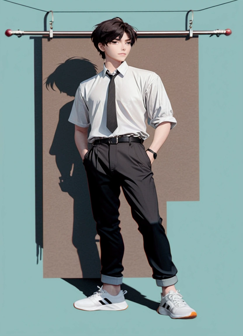 Full body cartoon image of a man standing wearing a white shirt and black pants, Handsome, Animated full body illustration,full body character,