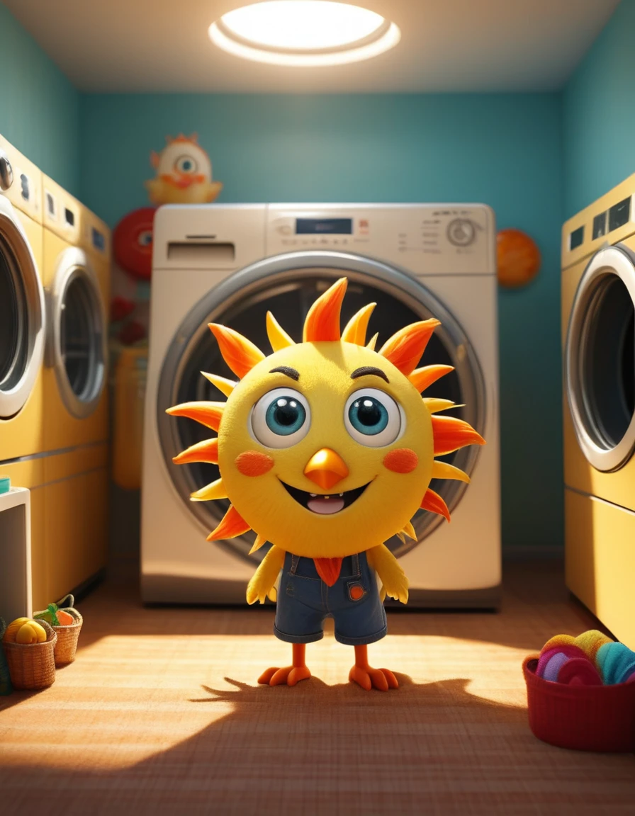 (design of character），Sun with enthusiasm and joy while standing in front of a washing machine, anthropomorphic sun, Mattresses are chickens, smiling, big shiny eyes, Fantastic，Eccentric，similar to a fairy tale, super detailing, pixel style, vibrant with colors, soft natural light, solid color backdrop, 5-octane rendering, a gorgeous, Ultra Wide Angle, 8k, high realism, 8k
