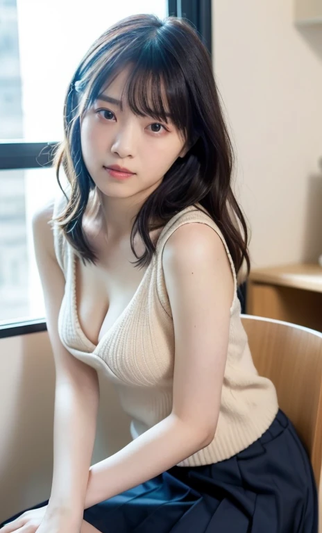 masterpiece、highest quality、16K、High resolution、UHD,Depth of the bounds written、soft light、professional lighting、Pale shading、Weak contrast、Japanese、beautiful girl、daytime office、Window seat、sitting in front of the computer、Loose-fitting knitwear in pastel colors、navy pleated skirt、micro mooth and beautiful thighs:1.6)、(small breast:1.0)、Faint cleavage、fine and beautiful eyes、(cute hanging eyes)、(thin eyebrows)、(thin lips)、gentle smile、(long wavy hair、high ponytail),(The bangs are see-through bangs)、