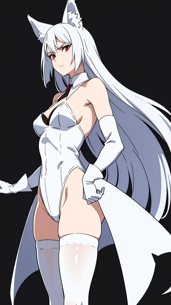 1girl ,solo,20s,mature female,serious face,white hair,long hair,fox ears,(simple background),thighhighs, see-through, white leotard, white thighhighs, gloves