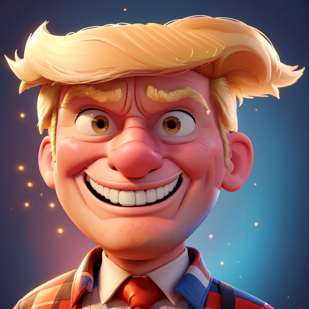 a cartoon portrait of donald trump, smiling and looking victorious, detailed facial features, photorealistic, digital art, 8k, high quality, vibrant colors, dynamic lighting, hyper realistic, cinematic, colorful, positive, triumphant, inspiring, masterpiece