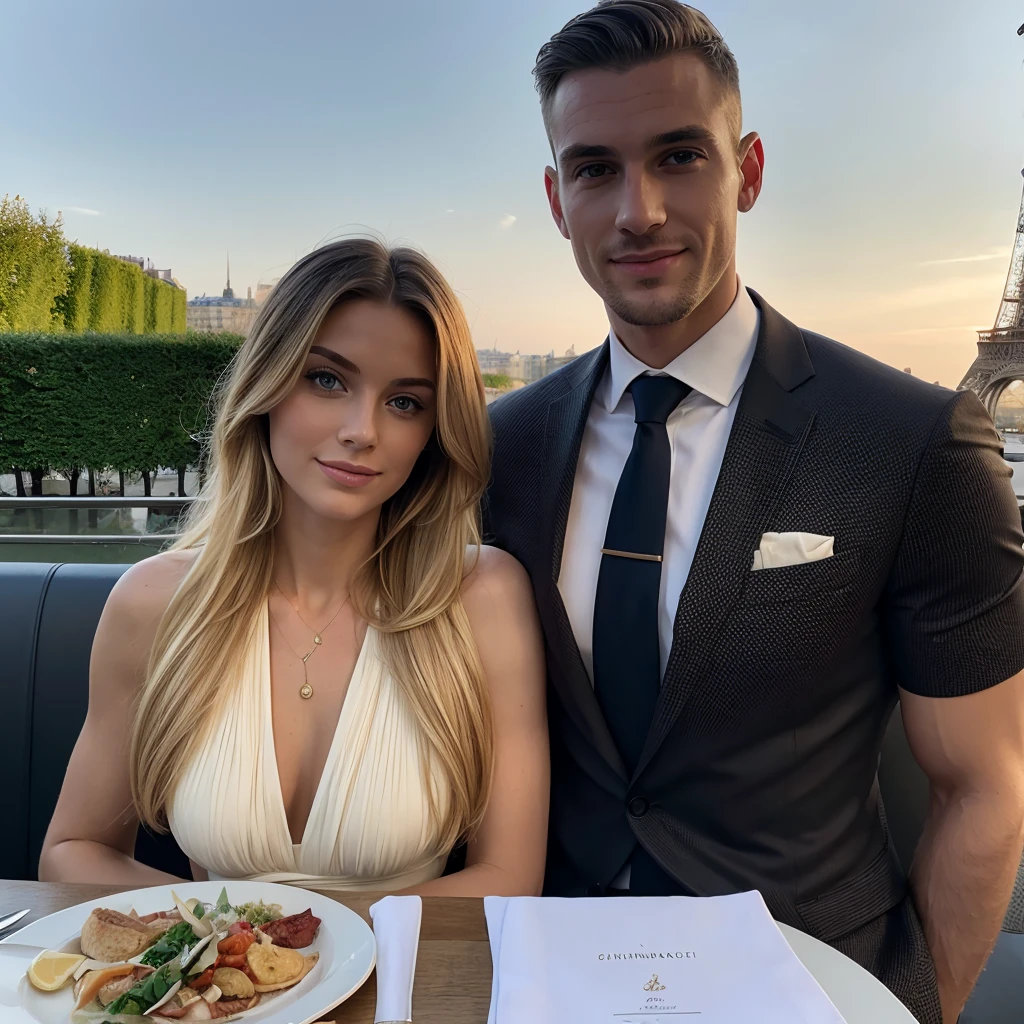 ((best quality)), ((masterpiece)), (detailed), ((couple)) 1woman, very long blonde hair, wearing summer dress, having dinner, in Paris, France, with 1man, ((tall)) , ((muscular)) , ((dark short hair)) , wearing summer suit