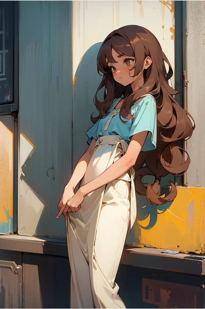 (masterpiece, best quality) detailed, 1Character, closeup, blue archive art style, pastel washed out colors, cell shade, soft, muted shades, gentle colors, Fashion ad, urban environment, big city, bohemian style clothing, often splattered with paint, cute girl, short height, 5'2", brown hair, very long hair, curly hair, hazel eyes that sparkle with creativity, tanned skin, skinny, delicate, feminine, , high schooler, painter