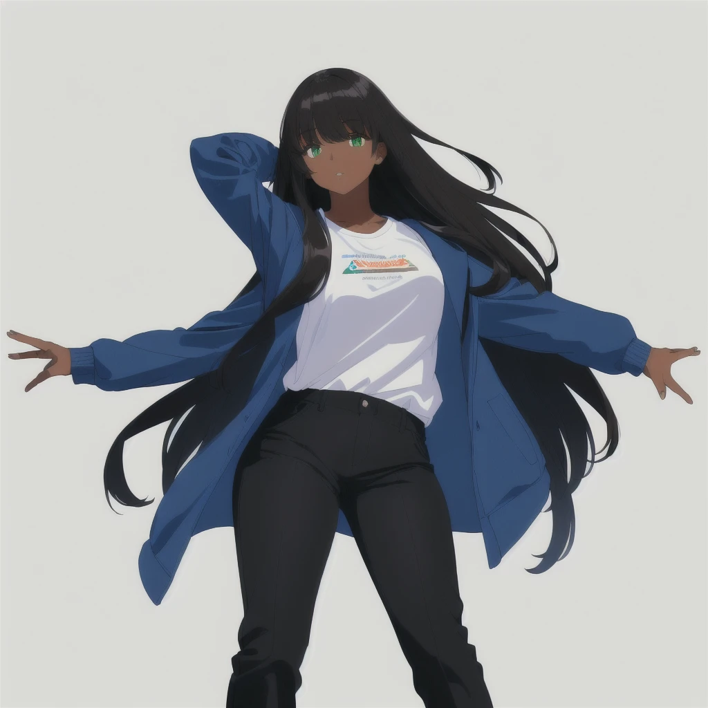 Masterpiece, of the highest quality,1 girl,Dark skin,BROWN SKIN,long black hair,eye hidden by bangs,hair covering left eye,loose hair,green eyes,Blue jacket,White shirt,Black pants,blue shoes,