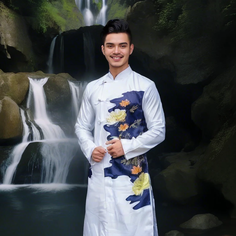 Haraf man, a Southeast Asian man with a round face., Mohawk hair, The face is bright and shiny., Double eyelids, Big eyes, black eyes, has exceptionally black hair, pitch black, In the background is a large waterfall., The evening sun shines beautifully., David Marquez, Andrew Gonzalez, A thin man with light tan skin., inspired By Robbie Trevino, Headshot profile picture, inspired By Adam Dario Kiel, Christian Orrillo, Daniel Mirante, By Adam Dario Kiel, By Robbie Trevino, Rick Dai, Joel Torres, with mountains as the background