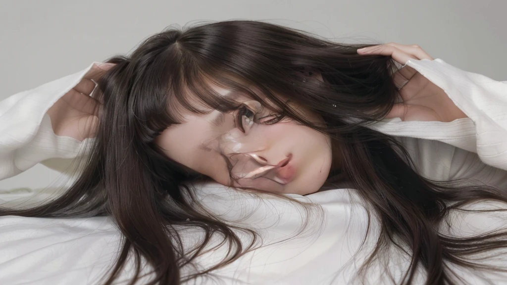 Arafed woman with long hair combing her hair in a white shirt, white bangs, Anastasia Ovchinnikova, brown hair and bangs, brown hair with bangs, hair white bangs hair, Anna Nikonova aka Newmilky, curtain bangs, Style of Julia Razumova, Portrait Sophie Mudd, white bangs, ilya kuvshinov con pelo largo