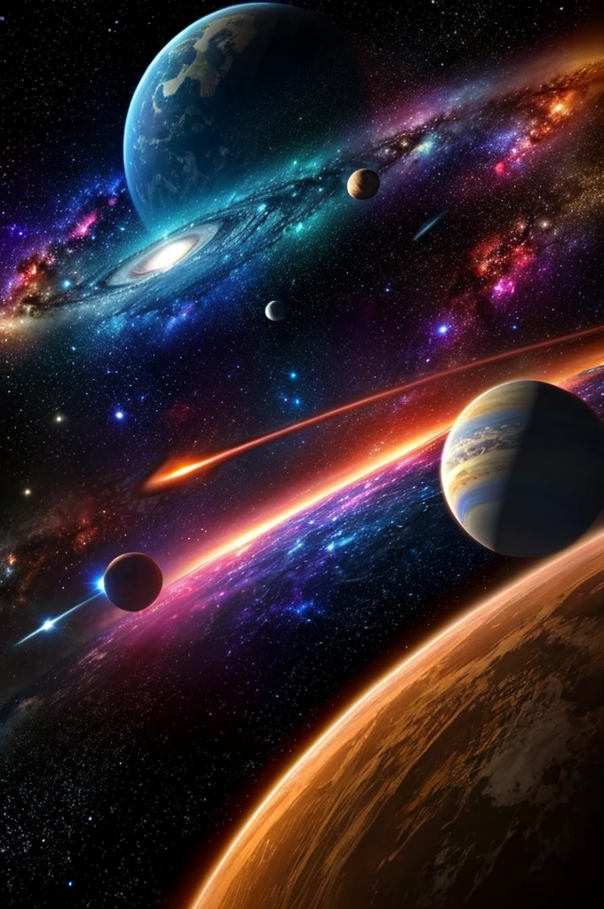 exotic planets, galaxies and planets with rings, space, coloful