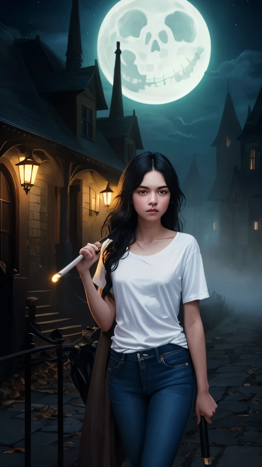 ((best quality)), ((masterpiece)), (detailed), A digital illustration of a tired age girl wearing a plain white t-shirt and blue jeans with long black hair holding a glowing stick in a spooky town at night. The town is surrounded by mist and has a haunted mansion in the background.