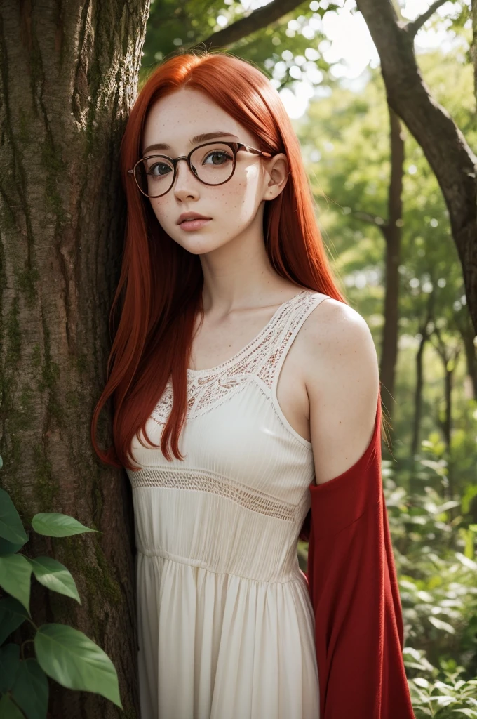 red-haired girl, shoulder-length hair, glasses and freckles with a tree behind