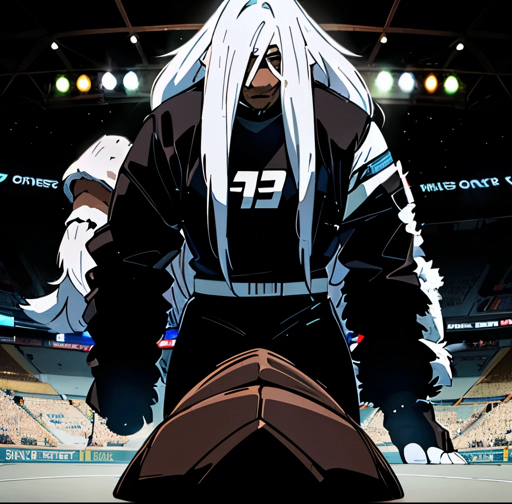 Soccer goalie with level 10 black aura, tall, (large mammoth in background), long white hair, (dark brown skin), black and white soccer jersey, goalkeeper gloves