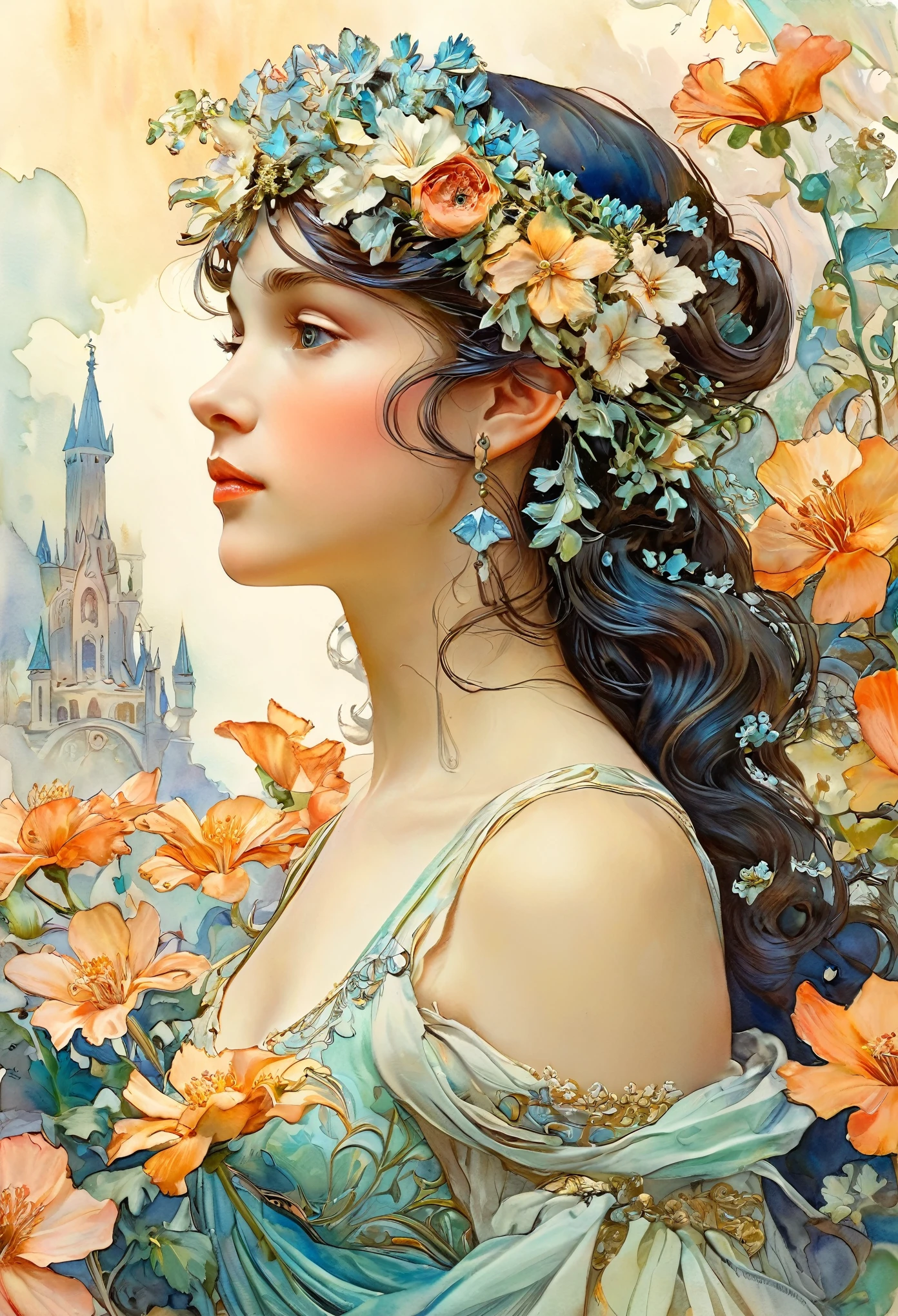 painting of a woman sitting on a fence in a garden, inspired by Gaston Bussière, inspired by Théodore Chassériau, lovely languid princess, beautiful maiden, fantasy genre portrait, inspired by James C. Christensen, tomas kinkade, beautiful fantasy maiden, portrait of princess, fairytale painting, princess portrait, portrait of snow white