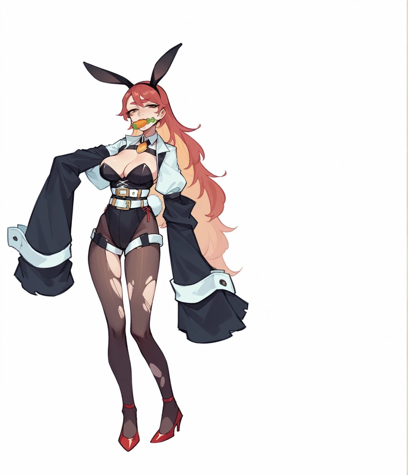 Kangxi, game concept art, red high heels, Torn brown fishnet stockings, bunny girl, yellow amulet, Carrot-shaped gag, Red long straight hair, white belt, white corset, big tits, half closed eyes