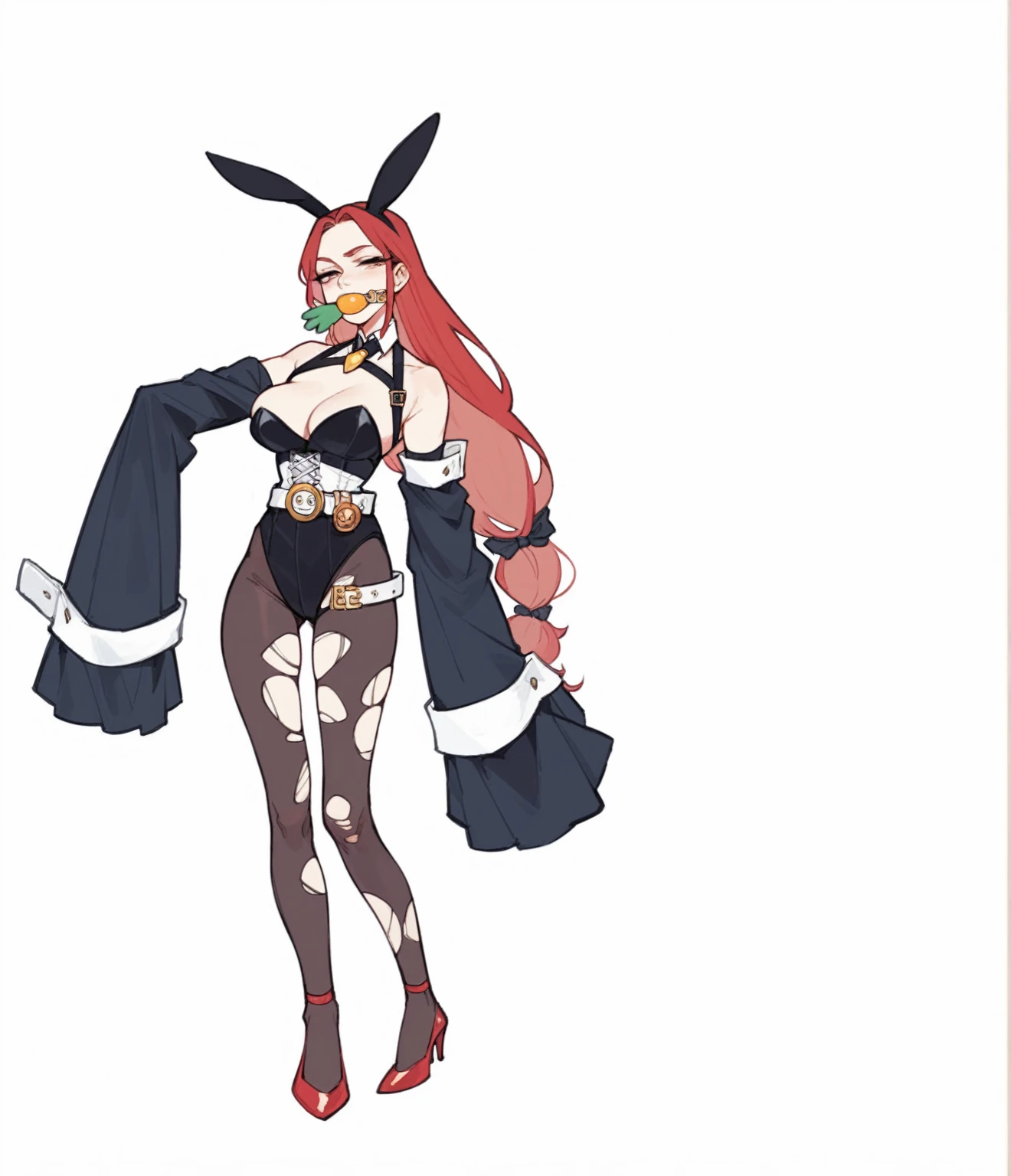 Kangxi, game concept art, red high heels, Torn brown fishnet stockings, bunny girl, yellow amulet, Carrot-shaped gag, Red long straight hair, white belt, white corset, big tits, half closed eyes