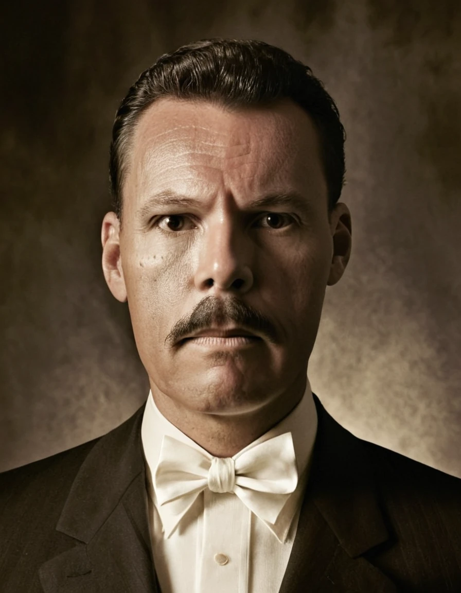 A highly realistic, RAW portrait of a man inspired by a vintage photograph. He has a neatly groomed mustache and short, wavy hair. His attire consists of a dark suit with a white shirt, reflecting an early 20th-century style. The man's expression is serious yet composed, and he gazes slightly off-camera. The background is subtly textured, giving a nostalgic, sepia-toned effect. The lighting is soft and even, emphasizing the historical ambiance and authenticity of the portrait.,gutto2024abr 