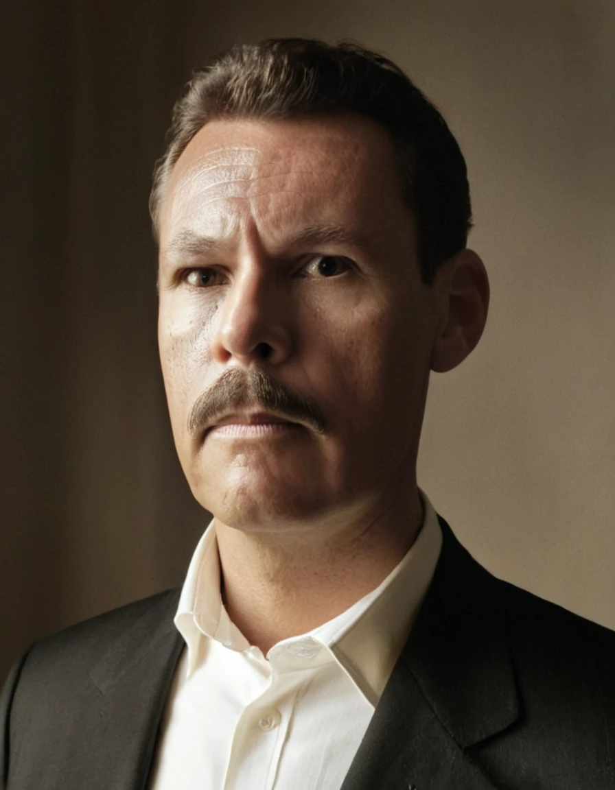 A highly realistic, RAW portrait of a man inspired by a vintage photograph. He has a neatly groomed mustache and short, wavy hair. His attire consists of a dark suit with a white shirt, reflecting an early 20th-century style. The man's expression is serious yet composed, and he gazes slightly off-camera. The background is subtly textured, giving a nostalgic, sepia-toned effect. The lighting is soft and even, emphasizing the historical ambiance and authenticity of the portrait.,gutto2024abr 