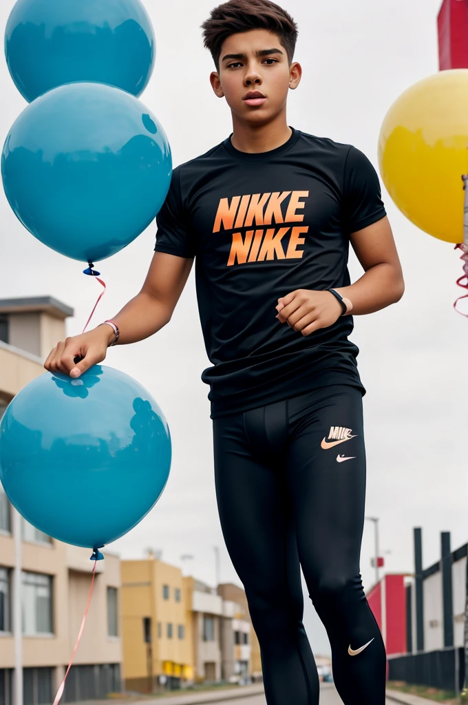  boy in Nike leggings bursts balloons 
