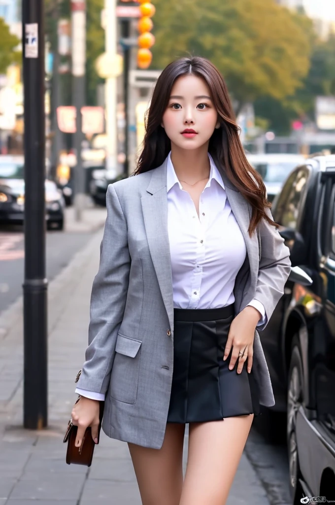 a 16 year old girl, she is the most beautiful actress in the world, the perfect body proportions of this girl, indirect breast bulge of her clothed upper body, the blazer is appropriately buttoned up on the formal shirt above the short skirt that's hardly covering the panties between her bare legs, it's only one description of one body, above her head and below her feet are no space, the front of her body, looking forward to viewer, she is standing, at the city street, nsfw, best quality, highly detailed, masterpiece, ultra high res, photo realistic, 8k, RAW photo