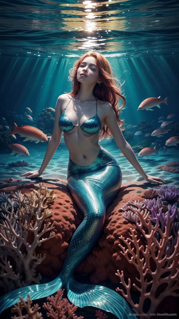 A stunning conceptual illustration of a beautiful mermaid silhouette gracefully swimming beneath the shimmering surface of the sea. Her flowing, iridescent tail blends seamlessly with the vibrant coral reef that surrounds her. The corals are a kaleidoscope of colors, from deep reds and purples to bright yellows and greens. The scene is bathed in a soft, ethereal light, creating a dreamy, otherworldly atmosphere., illustration, conceptual art