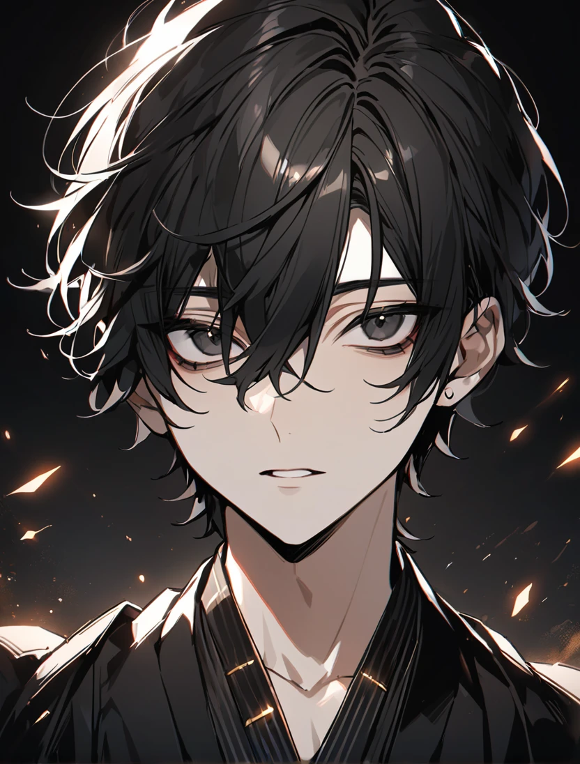 (black_hair), (short_hair), (deep_black_eyes), (Handsome), (Attractive), (male), (black_colored_kimono), (detailed_Hair), (detailed), (detailed_mouth), (Teenager), (dark_under_eyes), (gem_like_eyes)