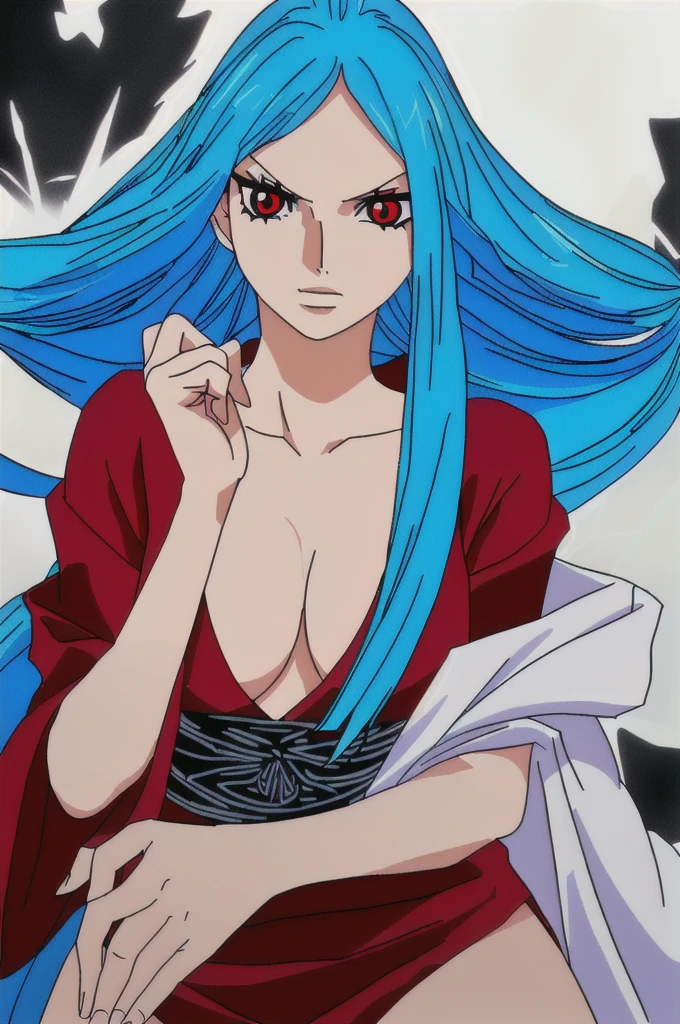 make me a kimetsu no yaiba style demon card from a blue hair woman