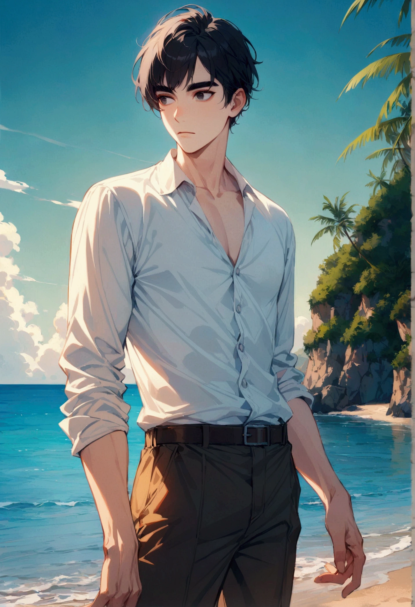 a guy with short black hair with bangs, black eyes, a western face, dark eyebrows, white skin, wearing a white shirt and trousers. stand on the beach and look into the distance.