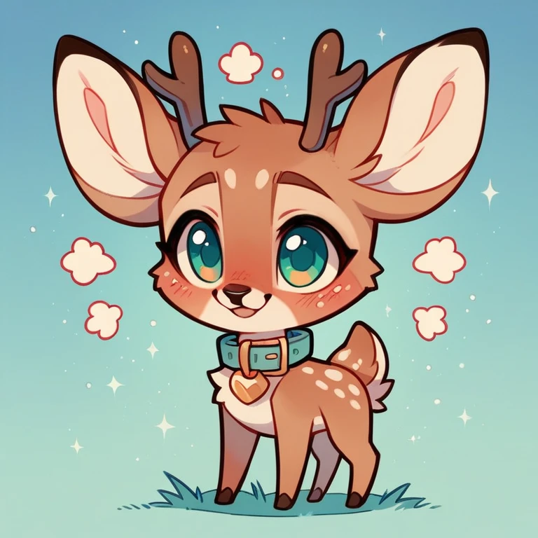 cute,furry,Collar,Tail, deer, antlers, small tail, chibi, , cute, fawn spots, begging, red fur, cyan eyes,