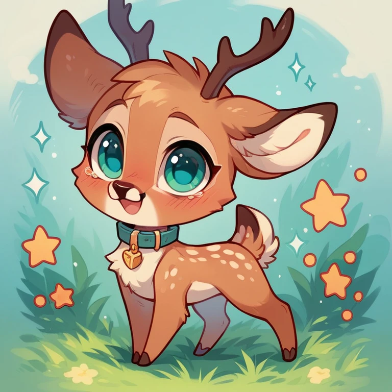 cute,furry,Collar,Tail, deer, antlers, small tail, chibi, , cute, fawn spots, begging, red fur, cyan eyes,