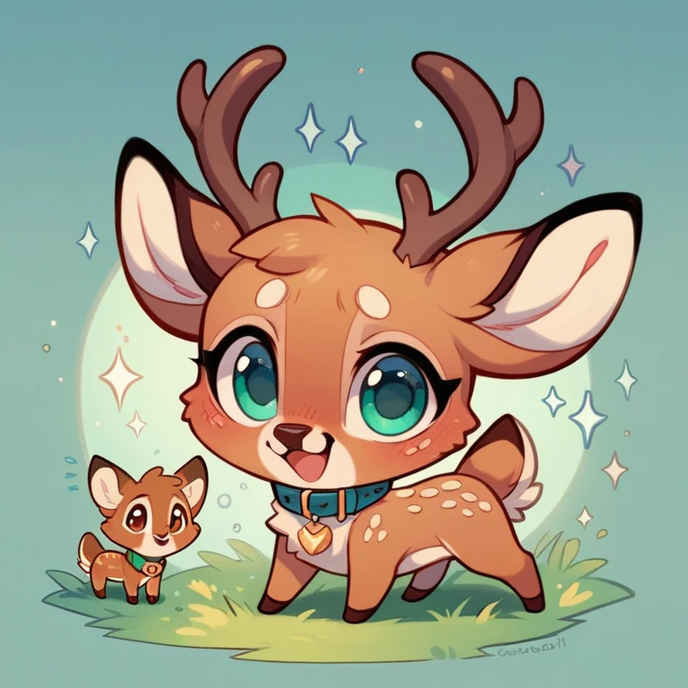 cute，furry，Collar，Tail, deer, antlers, small tail, chibi, , cute, fawn spots, begging, red fur, cyan eyes, 