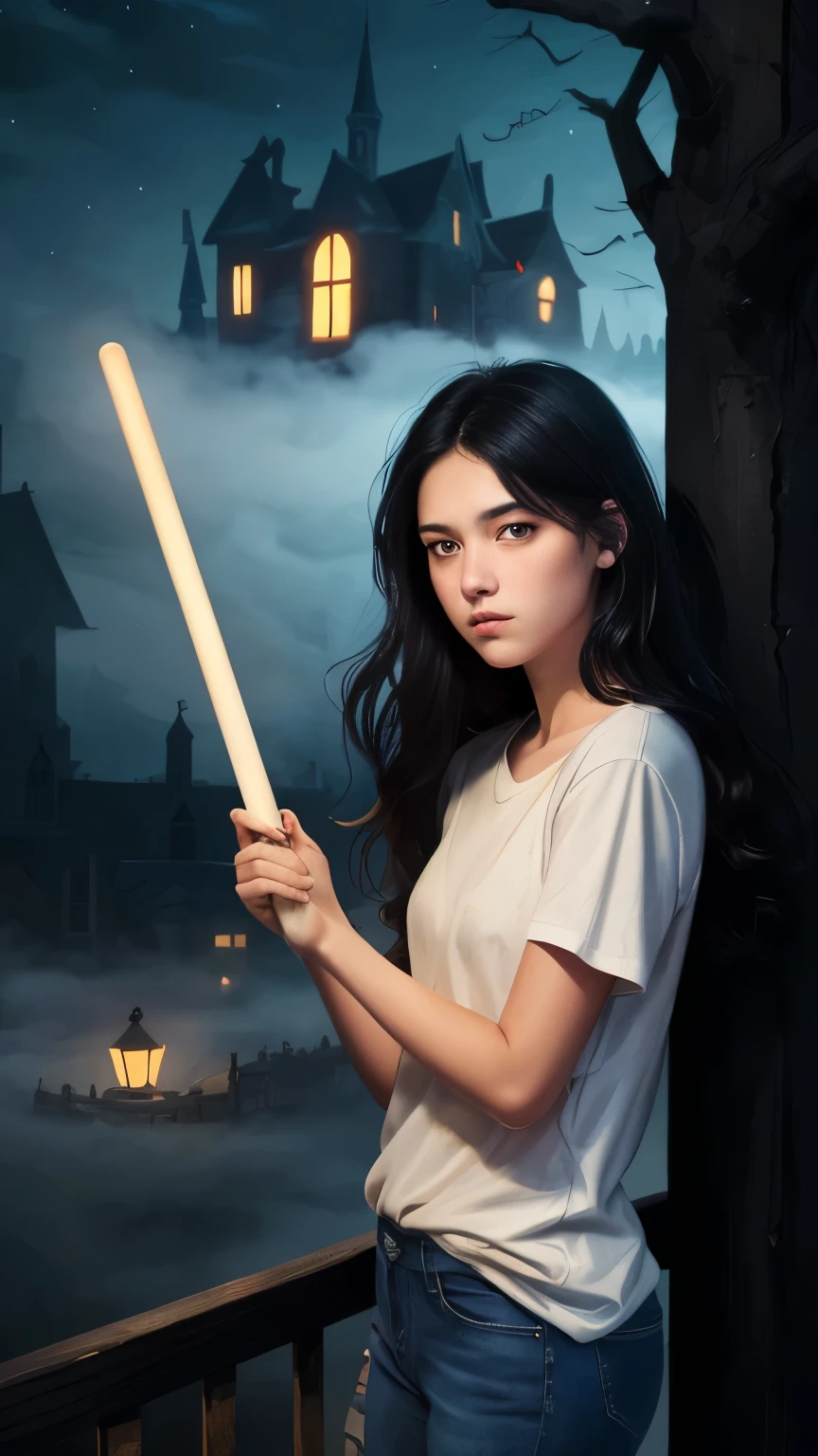 ((best quality)), ((masterpiece)), (detailed), A digital illustration of a tired teenage girl wearing a plain white t-shirt and blue jeans with long black hair holding a heavy glowing stick in a spooky town at night. The town is surrounded by mist and has a haunted mansion in the background.