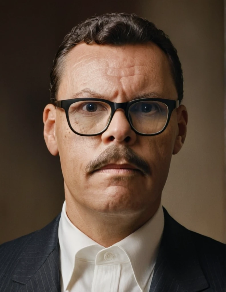 A highly realistic, RAW portrait of a man wearing glasses inspired by a vintage photograph. He has a neatly groomed mustache and short, wavy hair. His attire consists of a dark suit with a white shirt, reflecting an early 20th-century style. The man's expression is serious yet composed, and he gazes slightly off-camera. The background is subtly textured, giving a nostalgic, sepia-toned effect. The lighting is soft and even, emphasizing the historical ambiance and authenticity of the portrait.,gutto2024abr