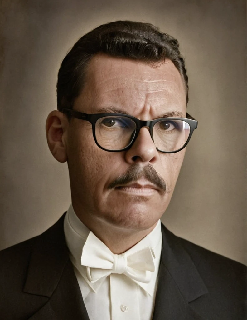 A highly realistic, RAW portrait of a man wearing glasses inspired by a vintage photograph. He has a neatly groomed mustache and short, wavy hair. His attire consists of a dark suit with a white shirt, reflecting an early 20th-century style. The man's expression is serious yet composed, and he gazes slightly off-camera. The background is subtly textured, giving a nostalgic, sepia-toned effect. The lighting is soft and even, emphasizing the historical ambiance and authenticity of the portrait.,gutto2024abr 