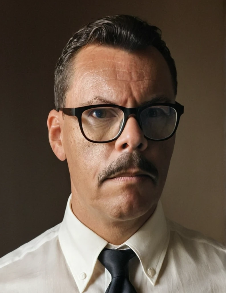 A highly realistic, RAW portrait of a man wearing glasses inspired by a vintage photograph. He has a neatly groomed mustache and short, wavy hair. His attire consists of a dark suit with a white shirt, reflecting an early 20th-century style. The man's expression is serious yet composed, and he gazes slightly off-camera. The background is subtly textured, giving a nostalgic, sepia-toned effect. The lighting is soft and even, emphasizing the historical ambiance and authenticity of the portrait.,gutto2024abr