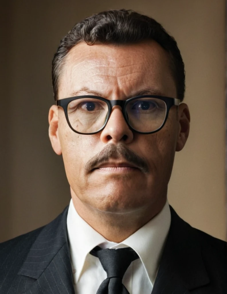 A highly realistic, RAW portrait of a man wearing glasses inspired by a vintage photograph. He has a neatly groomed mustache and short, wavy hair. His attire consists of a dark suit with a white shirt, reflecting an early 20th-century style. The man's expression is serious yet composed, and he gazes slightly off-camera. The background is subtly textured, giving a nostalgic, sepia-toned effect. The lighting is soft and even, emphasizing the historical ambiance and authenticity of the portrait.,gutto2024abr 