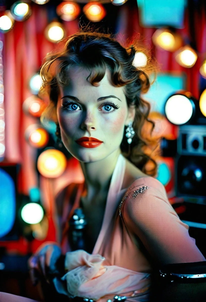 A lovely lady having her photo taken on the set of a 1950s film, smiling radiantly while seated in front of scenic backdrops, surrounded by costumes, cameras and crew between takes, projecting a charming and joyous mood, captured with a nostalgic Hollywood flair and retro aesthetic, illuminated by bright studio lights that highlight her beauty, suiting the era with a color palette of soft pastels, Arriflex 35 II capturing her screen test in crisp 35mm, 135mm lens bringing her face into intimate focus, --chaos 50 --stylize 300 --weird 200 --quality 25 --v 6