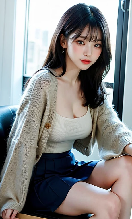 masterpiece、highest quality、16K、High resolution、UHD,Depth of the bounds written、soft light、professional lighting、Pale shading、Weak contrast、Japanese、beautiful girl、daytime office、Window seat、sitting in front of the computer、Loose-fitting knitwear in pastel colors、navy pleated skirt、micro mooth and beautiful thighs:1.6)、(small breast:1.0)、Faint cleavage、fine and beautiful eyes、(cute hanging eyes)、(thin eyebrows)、(thin lips)、gentle smile、(long wavy hair、high ponytail),(The bangs are see-through bangs)、