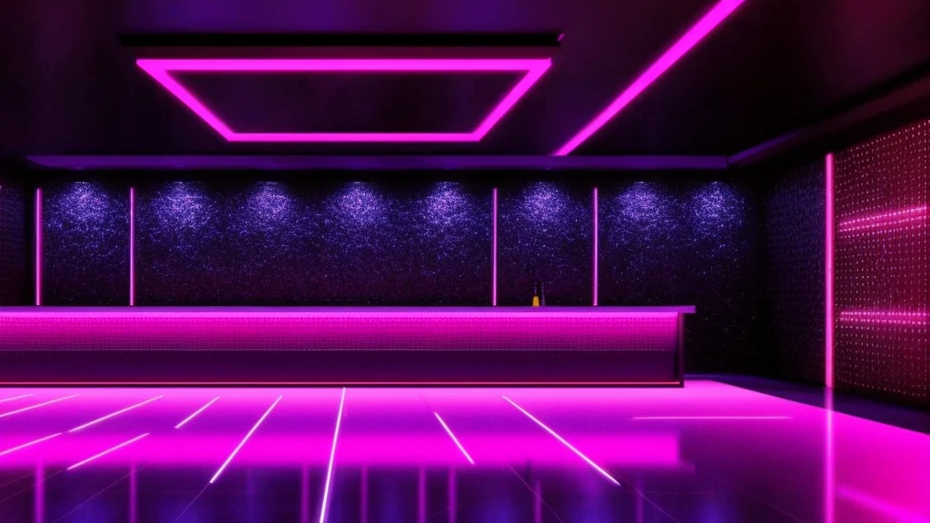 Illustration of a large bar with lots of pink lights, 大型Nightclub dancing inspired, ibiza Nightclub dancing inspired, cyberpunk Nightclub, sci-fi Nightclub, Nightclub, Nightclubs and neons, Nightclub, Futuristic Background, futuristic casino, 3D Rendering, neon accent lighting, Various lighting atmospheres, Magenta lighting. fantasy, Futuristic decoration, cyberpunk strip clubs