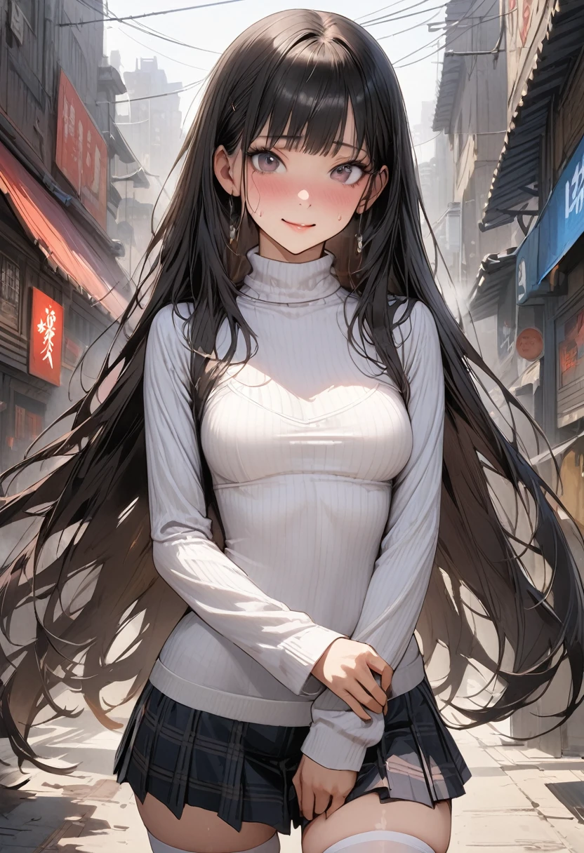 ((masterpiece,Highest quality:1.3,best quality illustration)),realistic,cowboy shot,独奏,1woman,(18 year old beauty),black hair,long hair,bangs,black eyes,gorgeous big eyes,((very small head:1.3)),shy,smile,((very long body:1.2,skinny)),medium breasts,(turtleneck、Long sleeve white knit top、Grey checked mini skirt、white_thighhighs),sweat,gleaming skin,toned body,slender body,standing,World of Blade Runner、