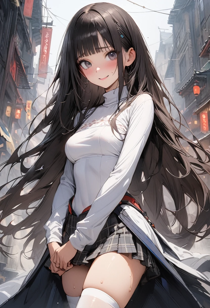 ((masterpiece,Highest quality:1.3,best quality illustration)),realistic,cowboy shot,独奏,1woman,(18 year old beauty),black hair,long hair,bangs,black eyes,gorgeous big eyes,((very small head:1.3)),shy,smile,((very long body:1.2,skinny)),medium breasts,(turtleneck、Long sleeve white knit top、Grey checked mini skirt、white_thighhighs),sweat,gleaming skin,toned body,slender body,standing,World of Blade Runner、