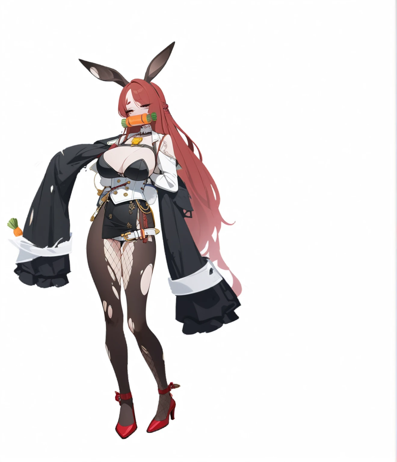 Kangxi, game concept art, red high heels, Torn brown fishnet stockings, bunny girl, yellow amulet, Carrot-shaped gag, Red long straight hair, white belt, white corset, big tits, half closed eyes, dark circles