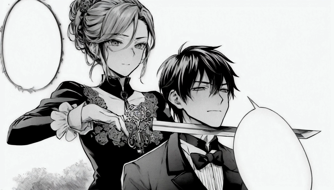 anime image of a man and woman in formal attire holding swords, black and white manga comic, by Eizan Kikukawa, both wearing victorian clothes, black and white manga, black and white manga style, black and white manga page, castle scene manga, black and white manga panel, anime key visual of elegant, award winning manga style, manga scans
