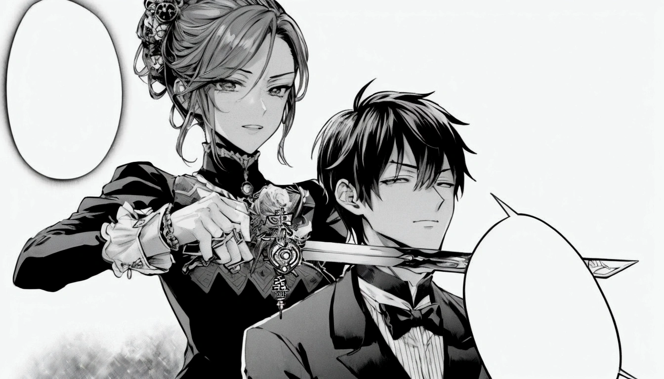 anime image of a man and woman in formal attire holding swords, black and white manga comic, by Eizan Kikukawa, both wearing victorian clothes, black and white manga, black and white manga style, black and white manga page, castle scene manga, black and white manga panel, anime key visual of elegant, award winning manga style, manga scans