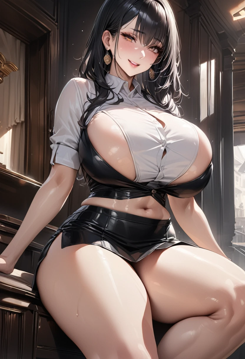 masterpiece,hyperrealistic,huge breasts,short skirt,earring,tender smile,timid woman,black hair,