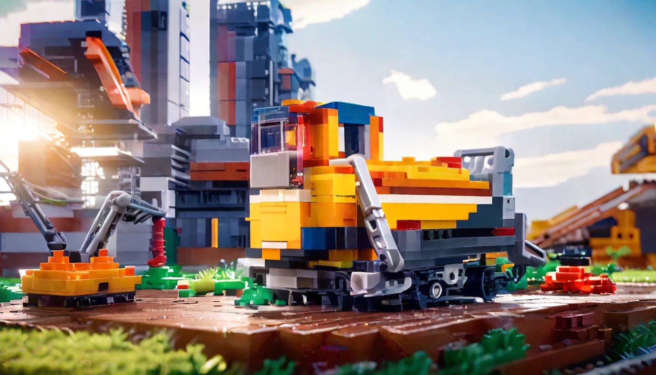 big lego bricks, there are many construction equipment that are on the grass, construction, construction yard, construction site, groundbreaking, Realistic Scene, 2 0 2 2 photo, robot in construction, photo rendering, um hyperrealisti, publicity photo, transportation design rendering, Digital rendering, muita construction, big tubes, hyperrealisti, hyperrealisti, highly photographic rendering