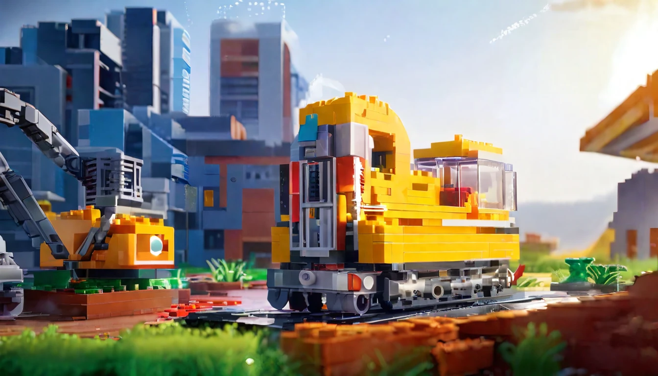 big lego bricks, there are many construction equipment that are on the grass, construction, construction yard, construction site, groundbreaking, Realistic Scene, 2 0 2 2 photo, robot in construction, photo rendering, um hyperrealisti, publicity photo, transportation design rendering, Digital rendering, muita construction, big tubes, hyperrealisti, hyperrealisti, highly photographic rendering